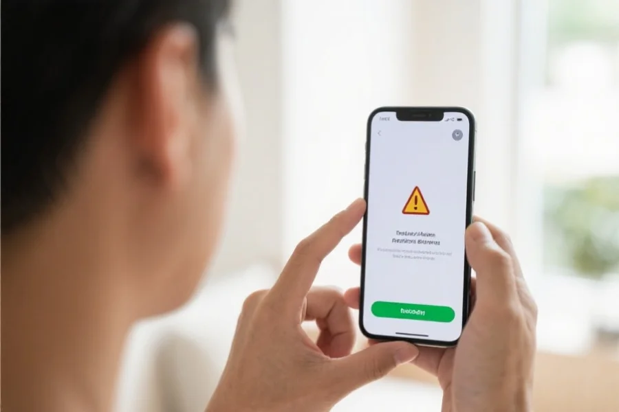 一位用户认真查看Android手机上的安全警告弹窗,表情专注,环境明亮