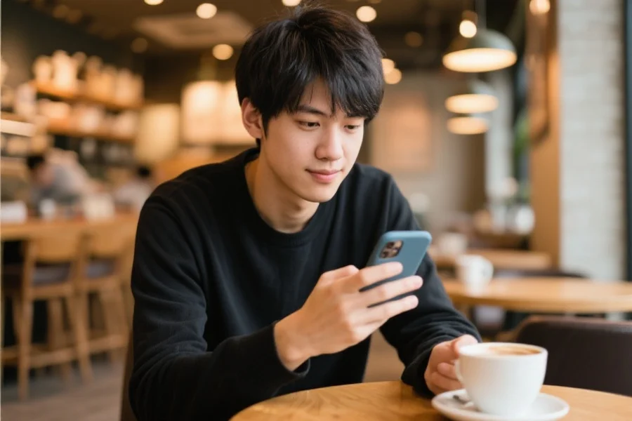 一位年轻人手持智能手机,坐在咖啡馆中轻松使用APP,背景温馨舒适